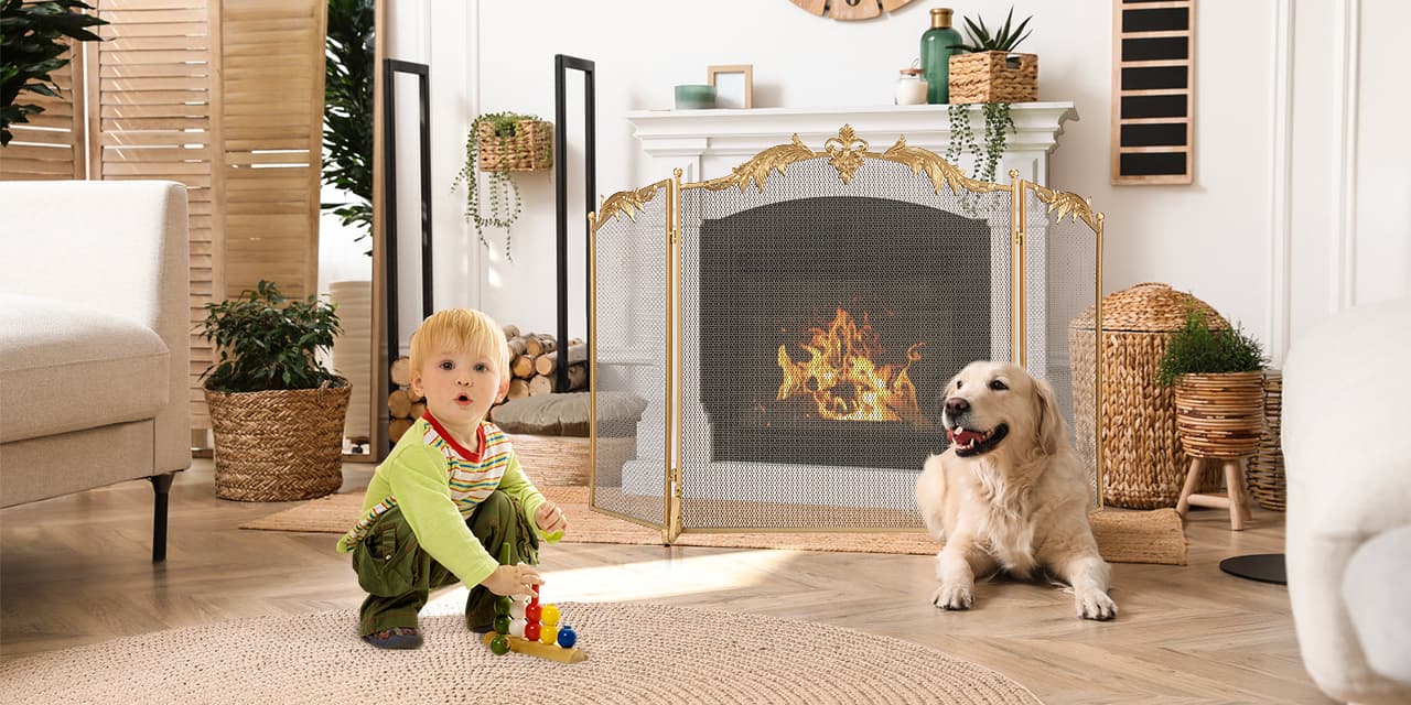 Brass-Finish 3-Panel Fireplace Screen