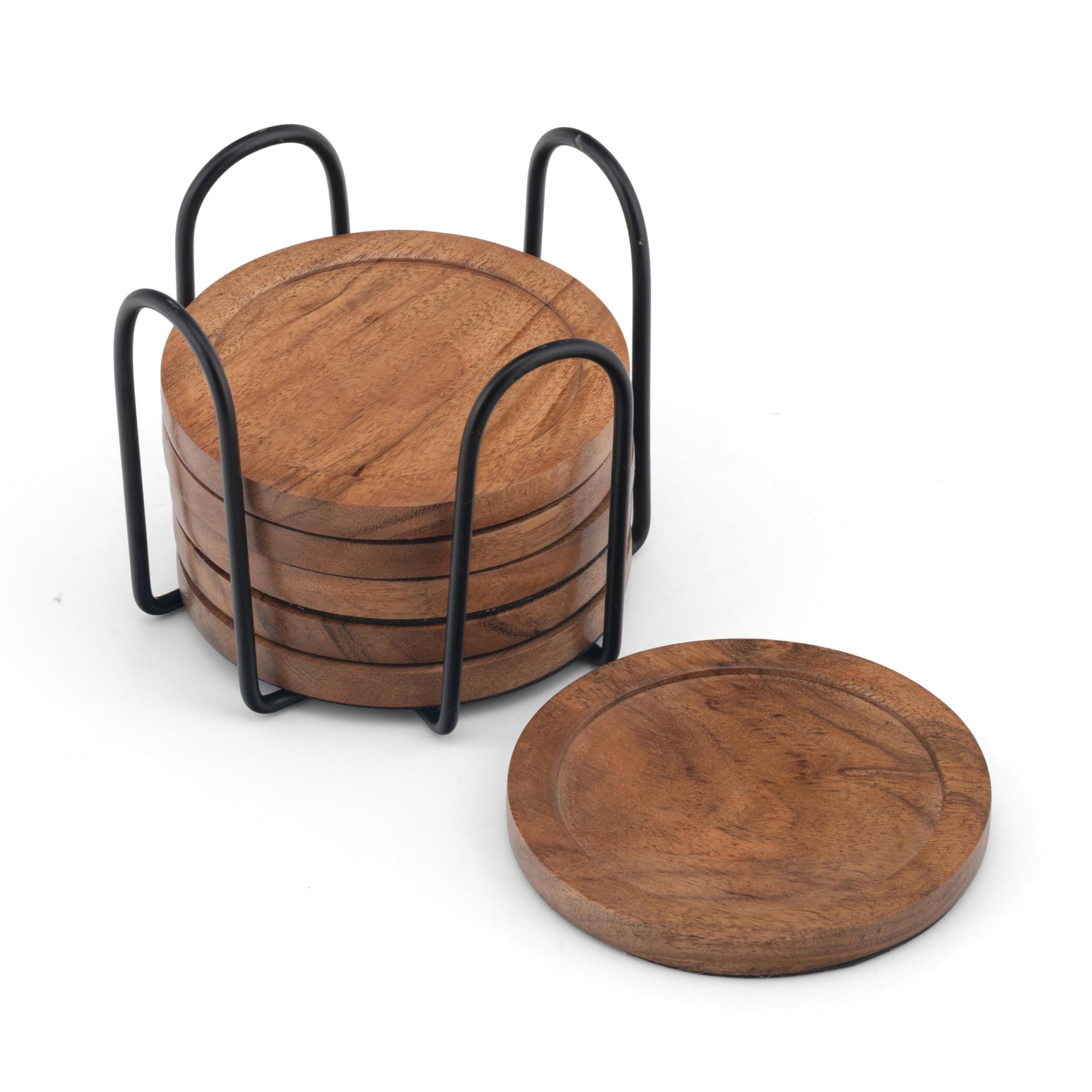 Acacia Wood Coasters Set of 6 with Holder - Absorbent