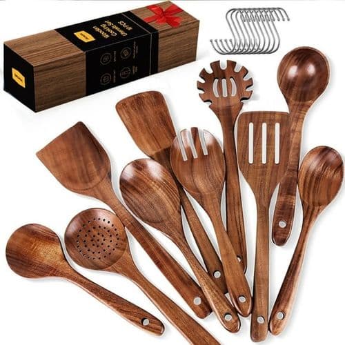 ACMETOP 10-Piece Natural Teak Wooden Kitchen Utensil Set with Holder