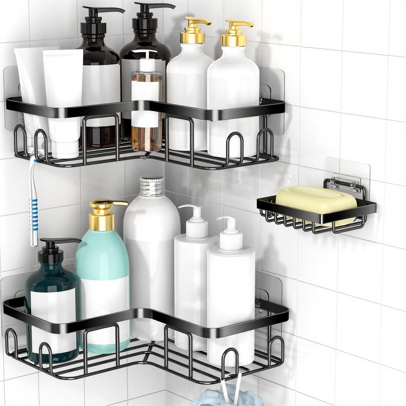 Adhesive Corner Shower Caddy with Razor Hooks