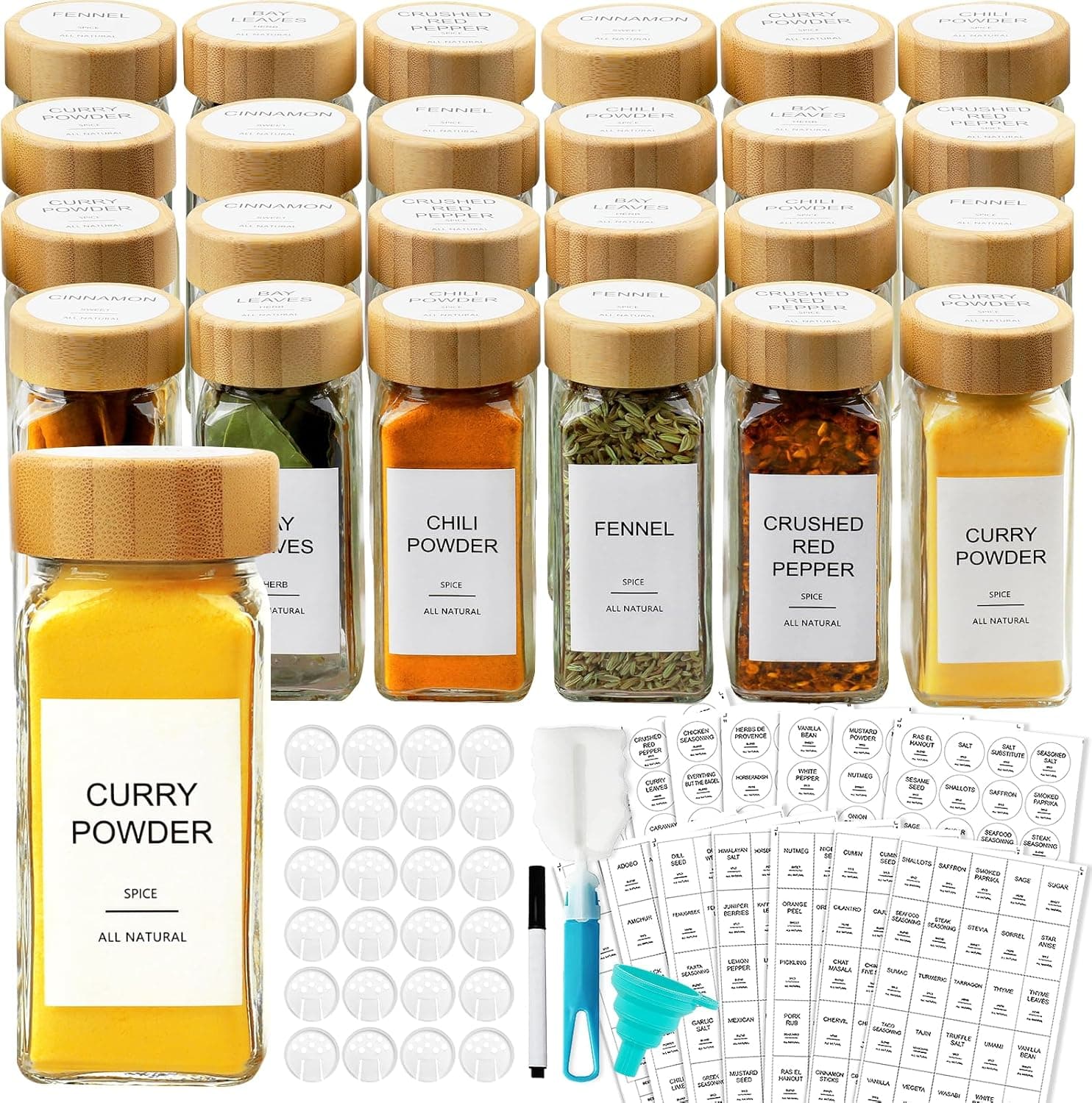 AISIPRIN Glass Spice Jars with Bamboo Lids and 398 Labels