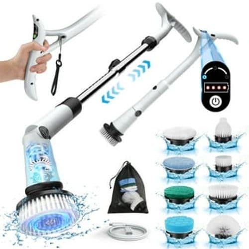Amiluo 600 RPM Electric Spin Scrubber with LED Screen, 8 Brush Heads