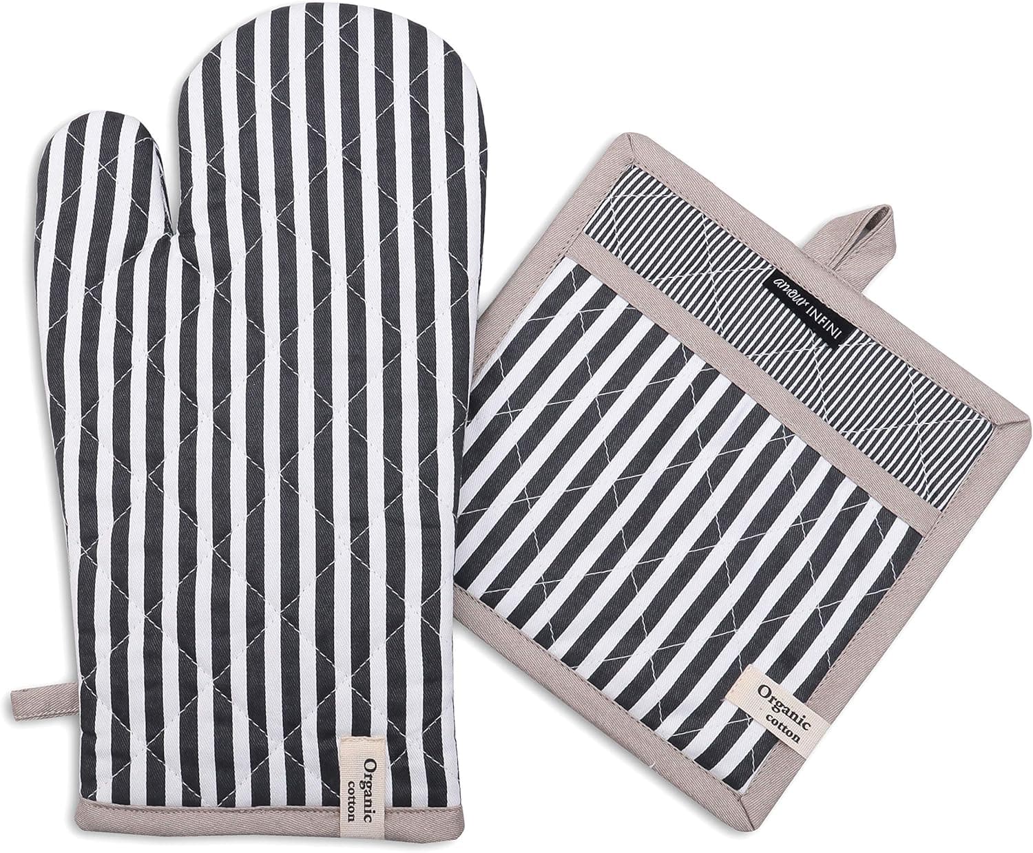 AMOUR INFINI Striped Pot Holder and Oven Mitt Set