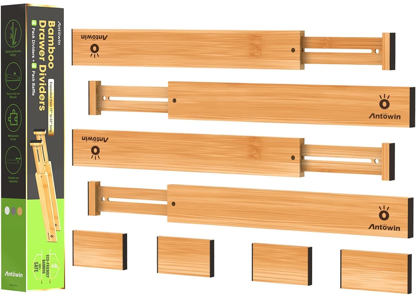 ANTOWIN Bamboo Drawer Dividers — Adjustable, Black