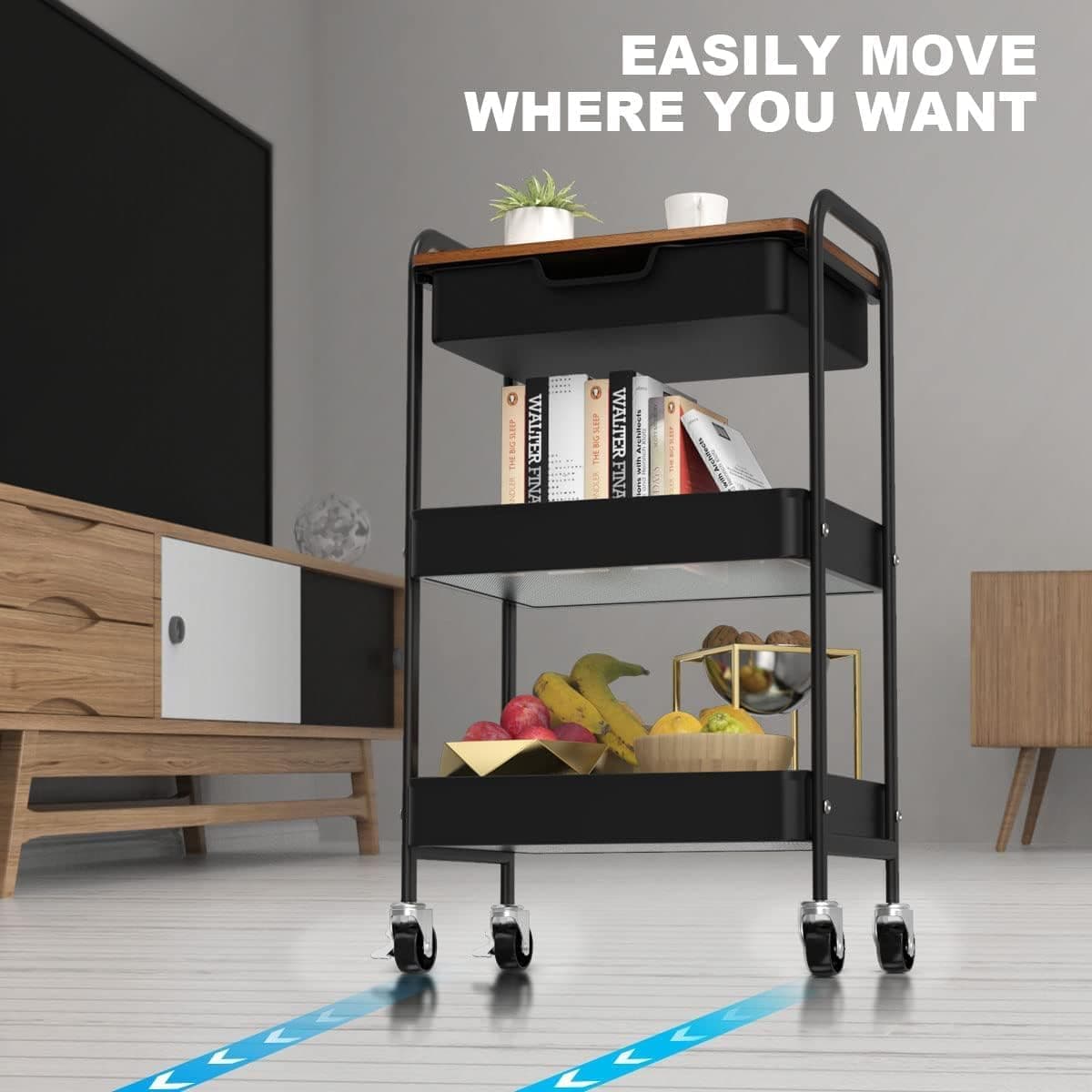 Aratan 3-Tier Rolling Cart with Wood Top