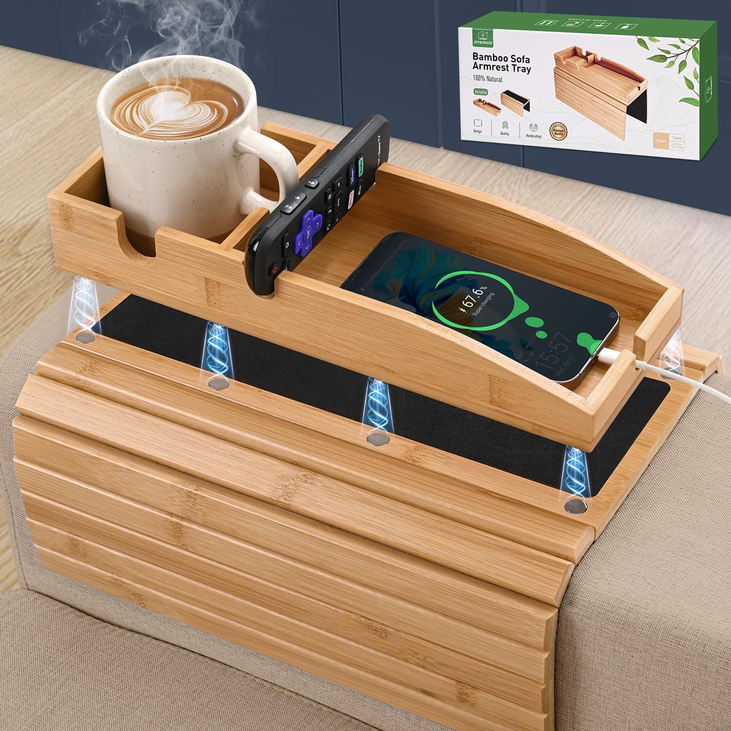 AyuHome Premium Bamboo Sofa Arm Clip-On Tray