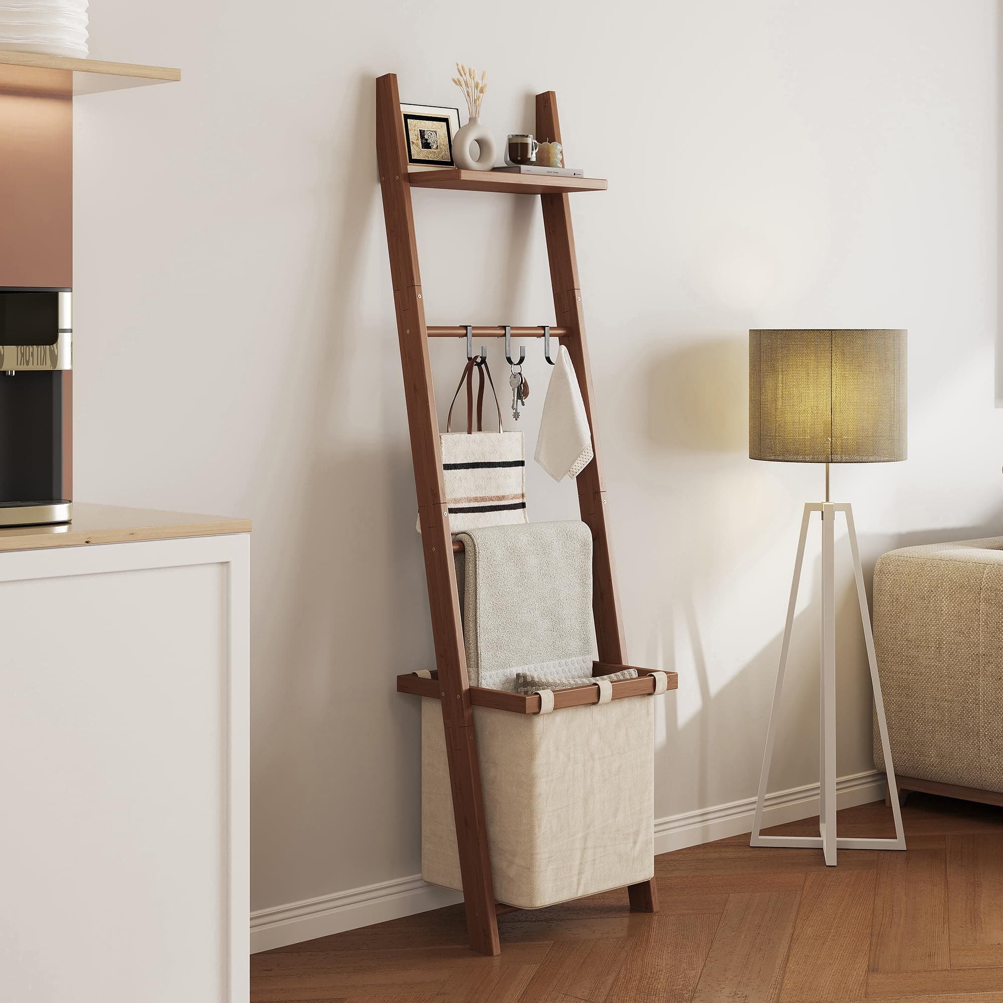 63 inch Bamboo Blanket Ladder with Shelf, Fabric Basket and 5 Hooks