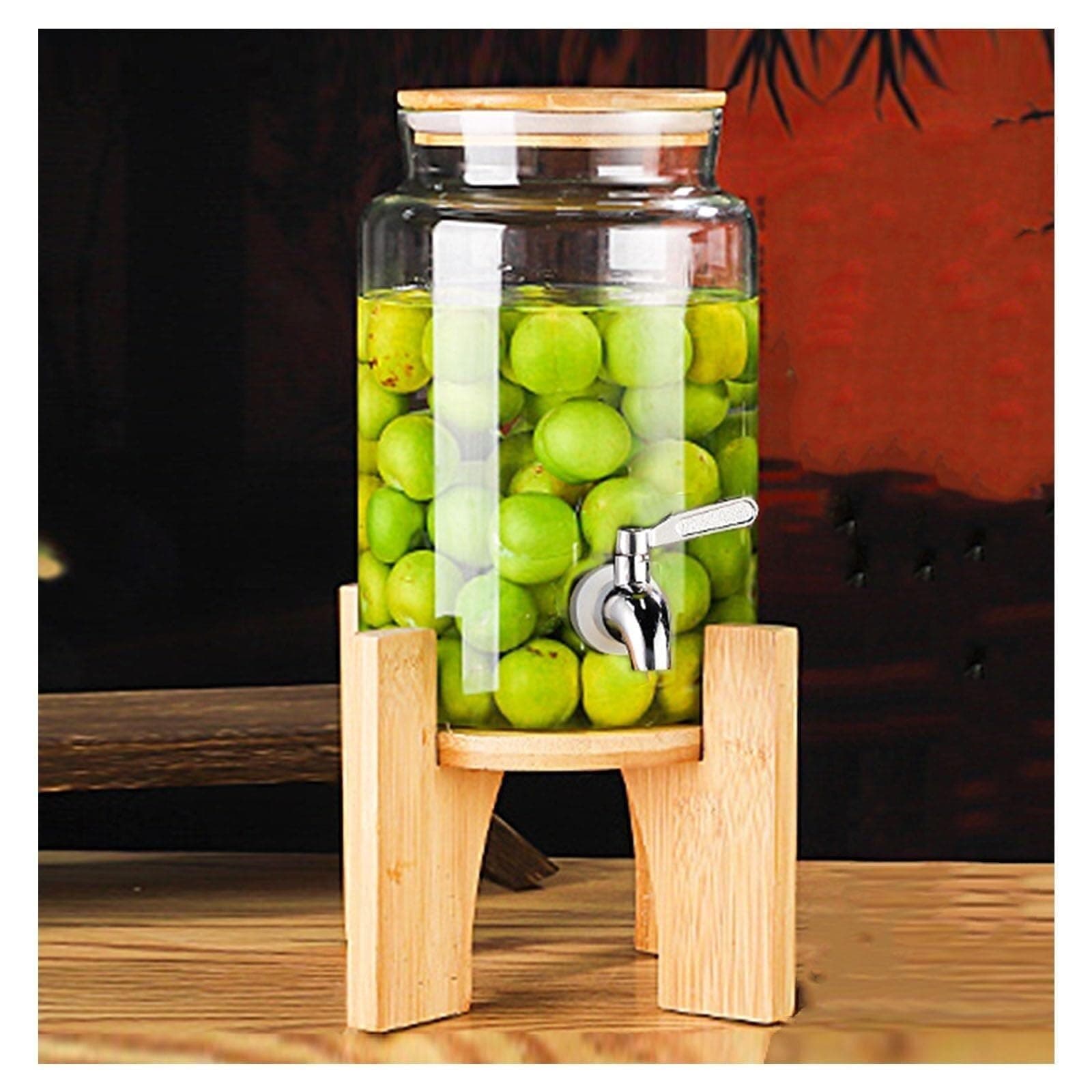 1.5-Gallon Glass Beverage Dispenser with Bamboo Stand - Leakproof Spigot