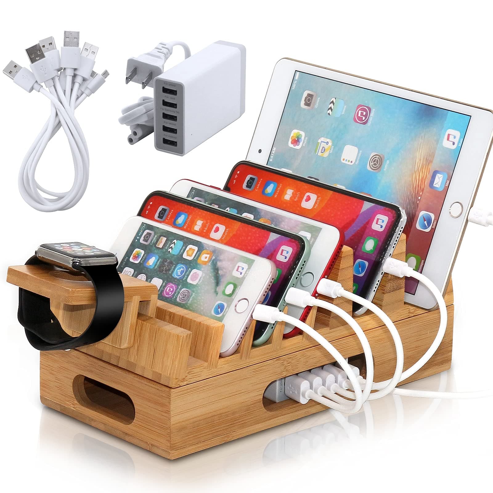 Bamboo Phone Stand for Desk Bedside Charging Cable Slot Natural