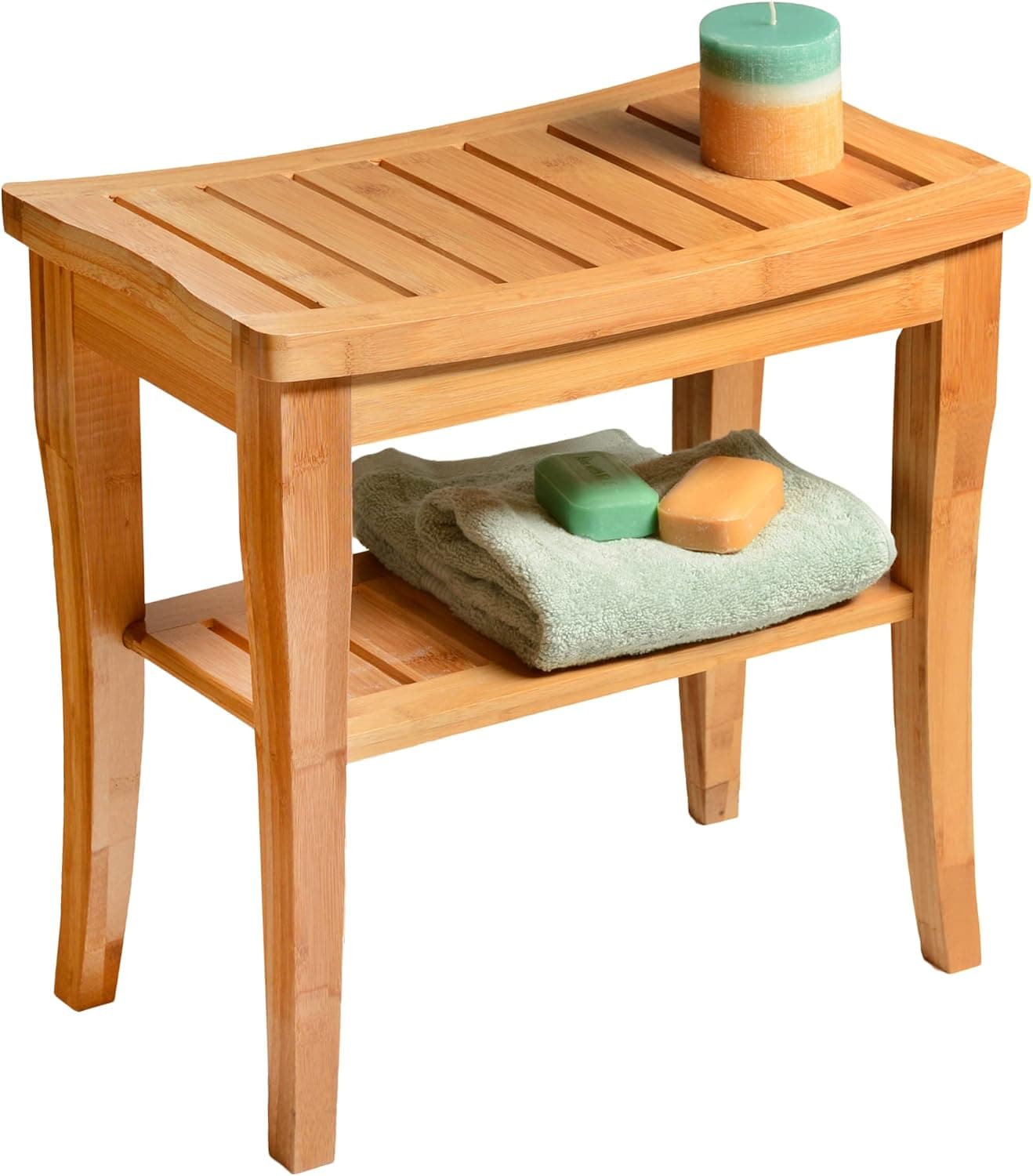 Small Bamboo Shower Stool with Storage Shelf
