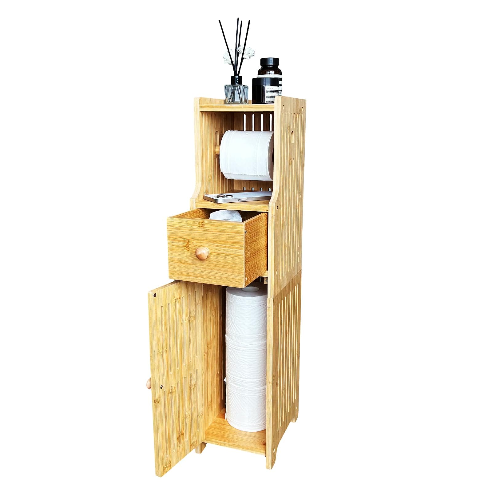 Bamboo Freestanding Toilet Paper Holder with Storage Drawer and Shelf