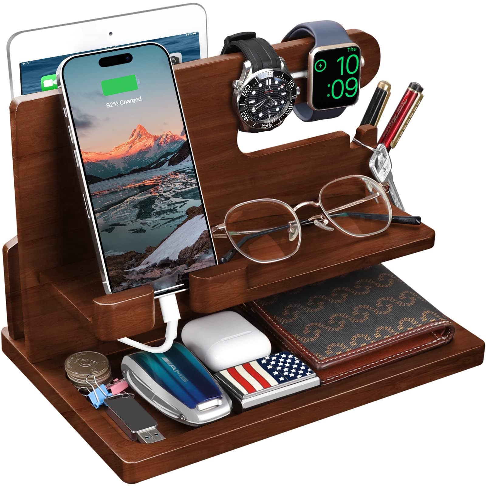 BarvA Rustic Wood Phone Docking Station Nightstand Organizer