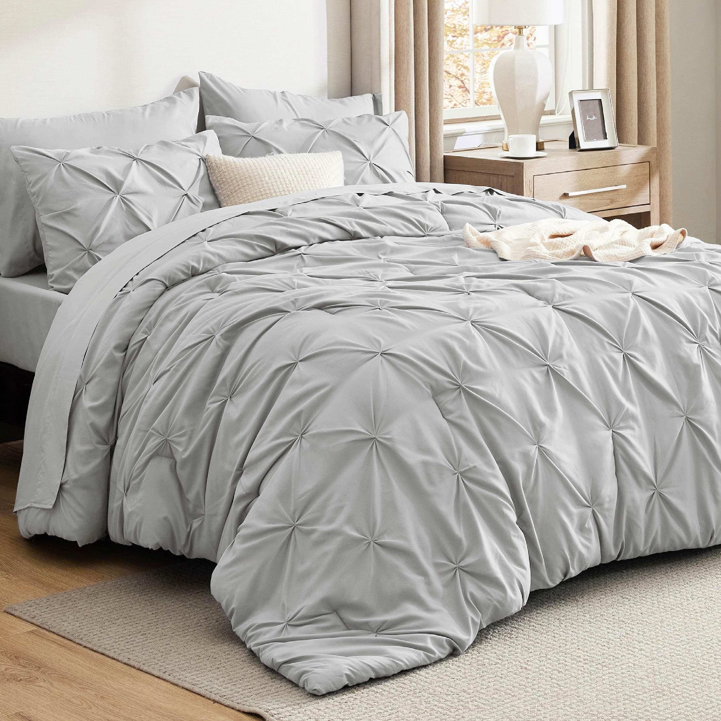 Bedsure Queen Comforter Set - Grey Pintuck 7 Piece