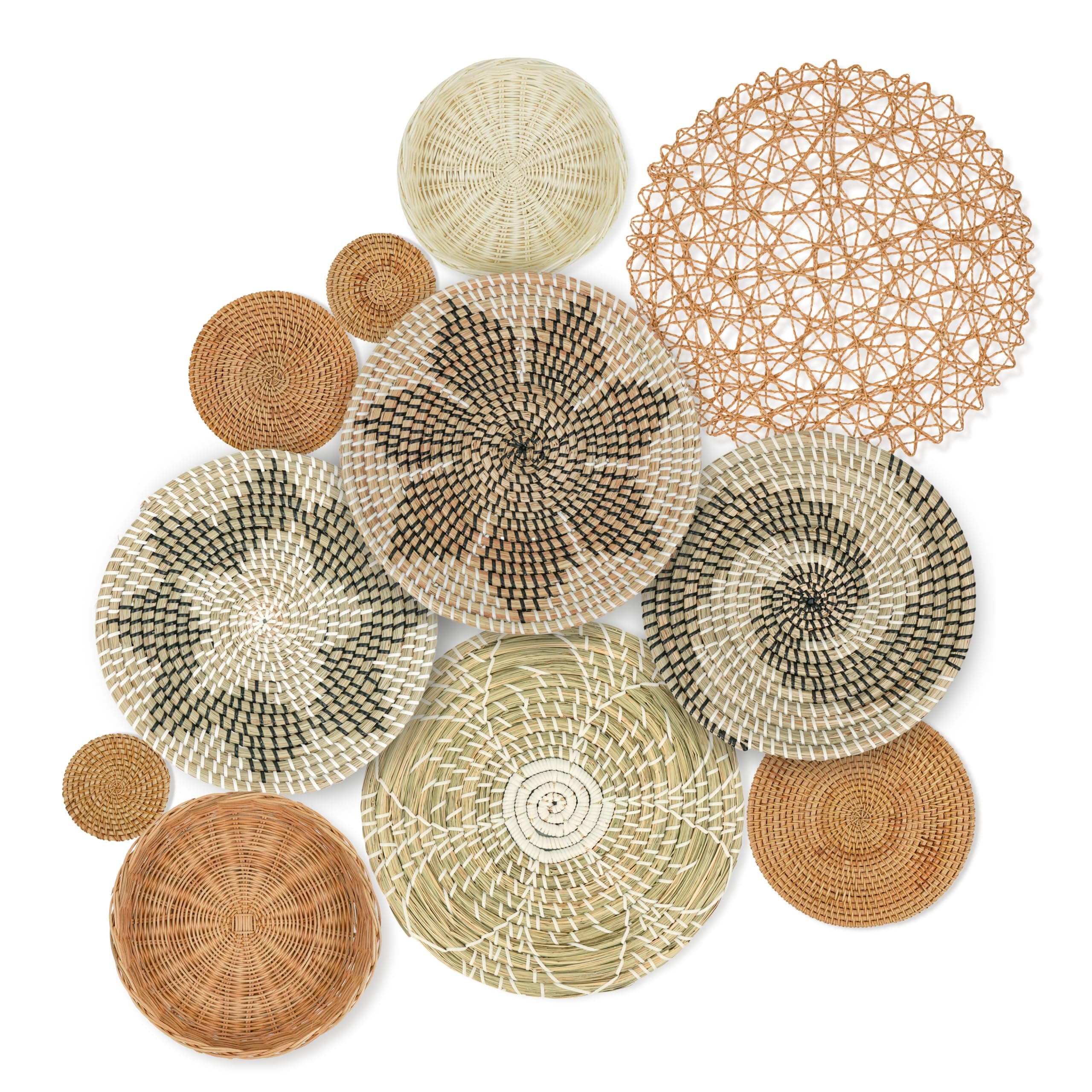 Bohemian Wall Decor Baskets Set of 11, Rustic Rattan