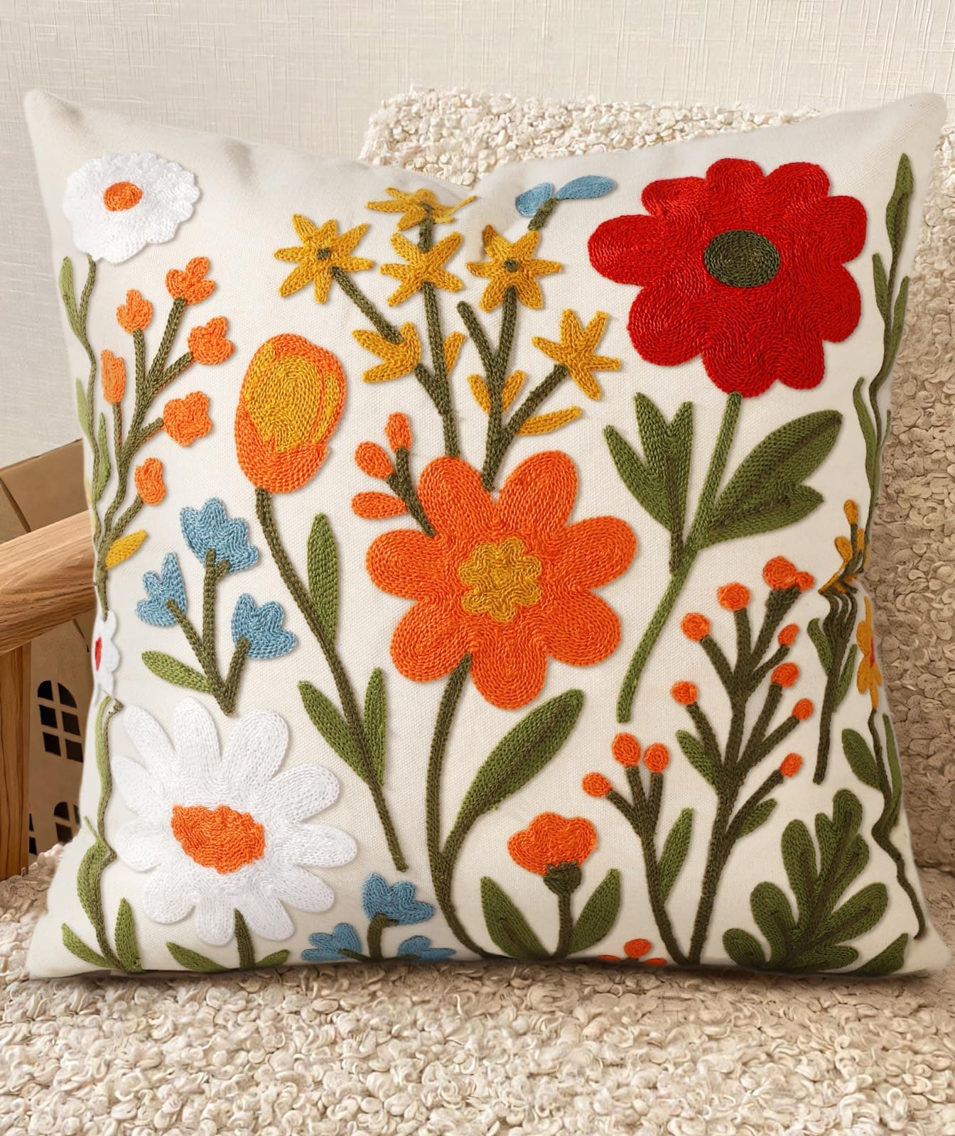 Boho Embroidered Throw Pillow Cover