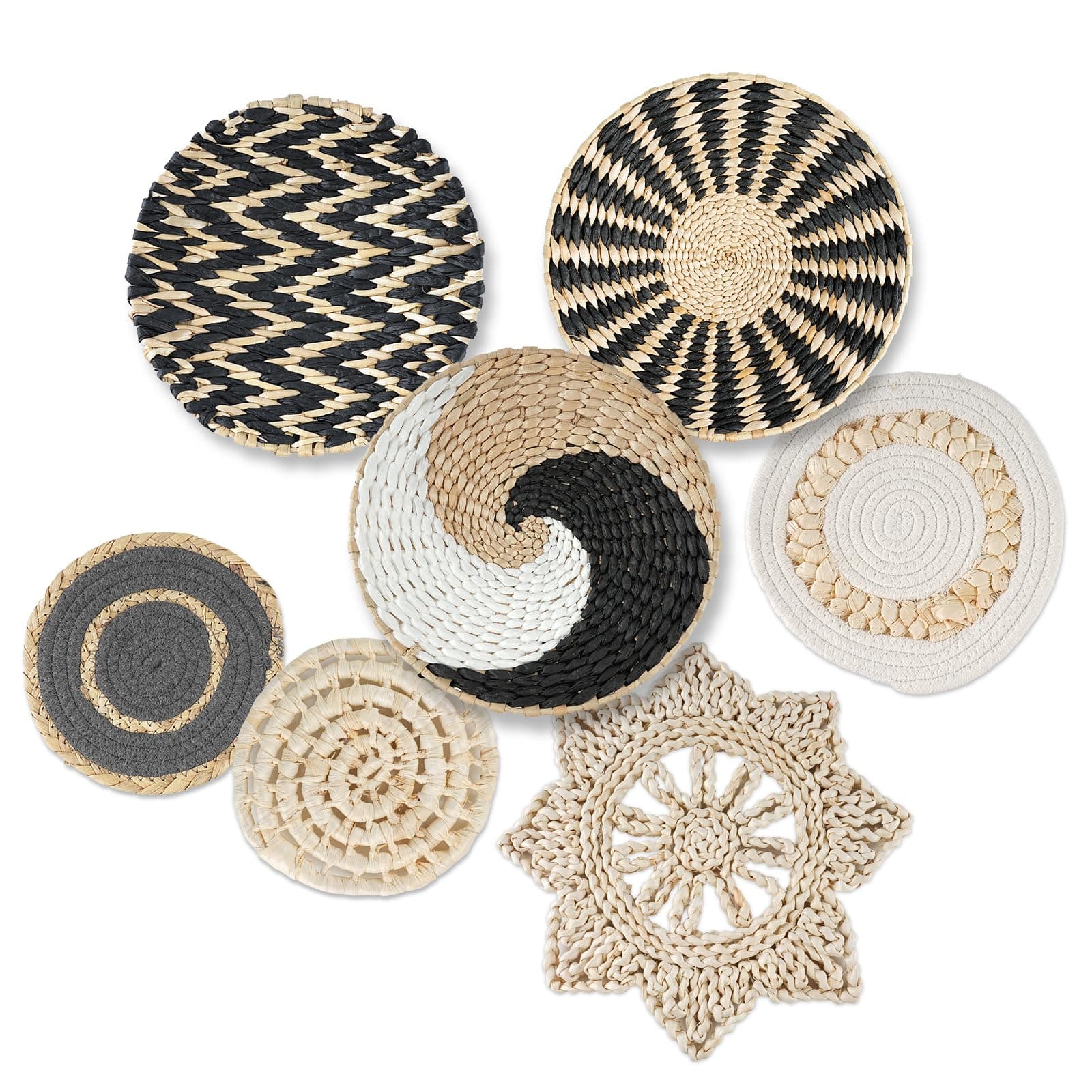 Boho Wall Basket Decor Set of 8, Woven Rattan and Seagrass