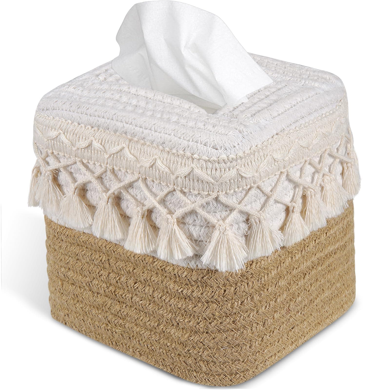 Square Boho Hand-Woven Tissue Box Cover with Tassel
