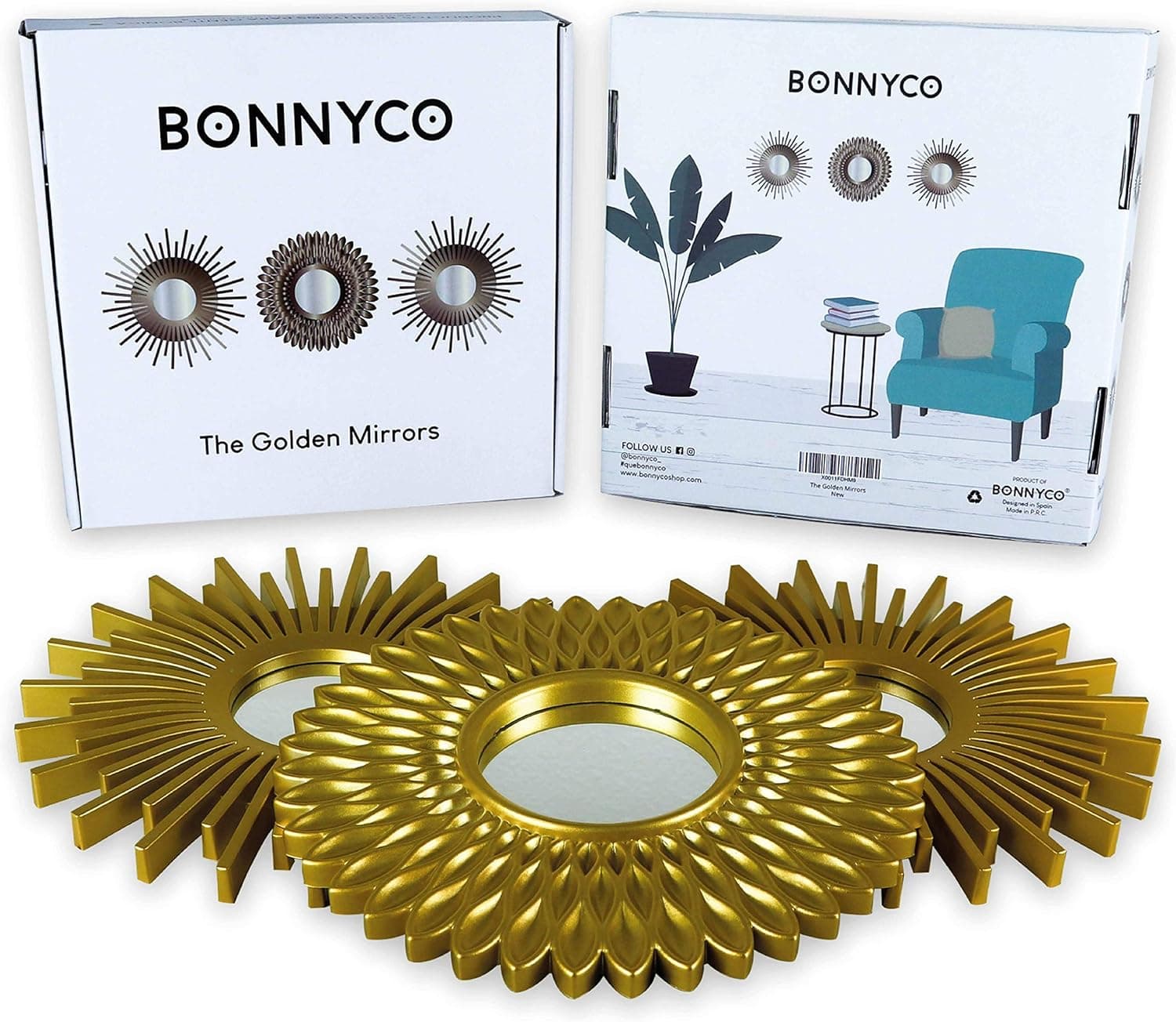 BONNYCO Set of 3 Round Gold Wall Mirrors