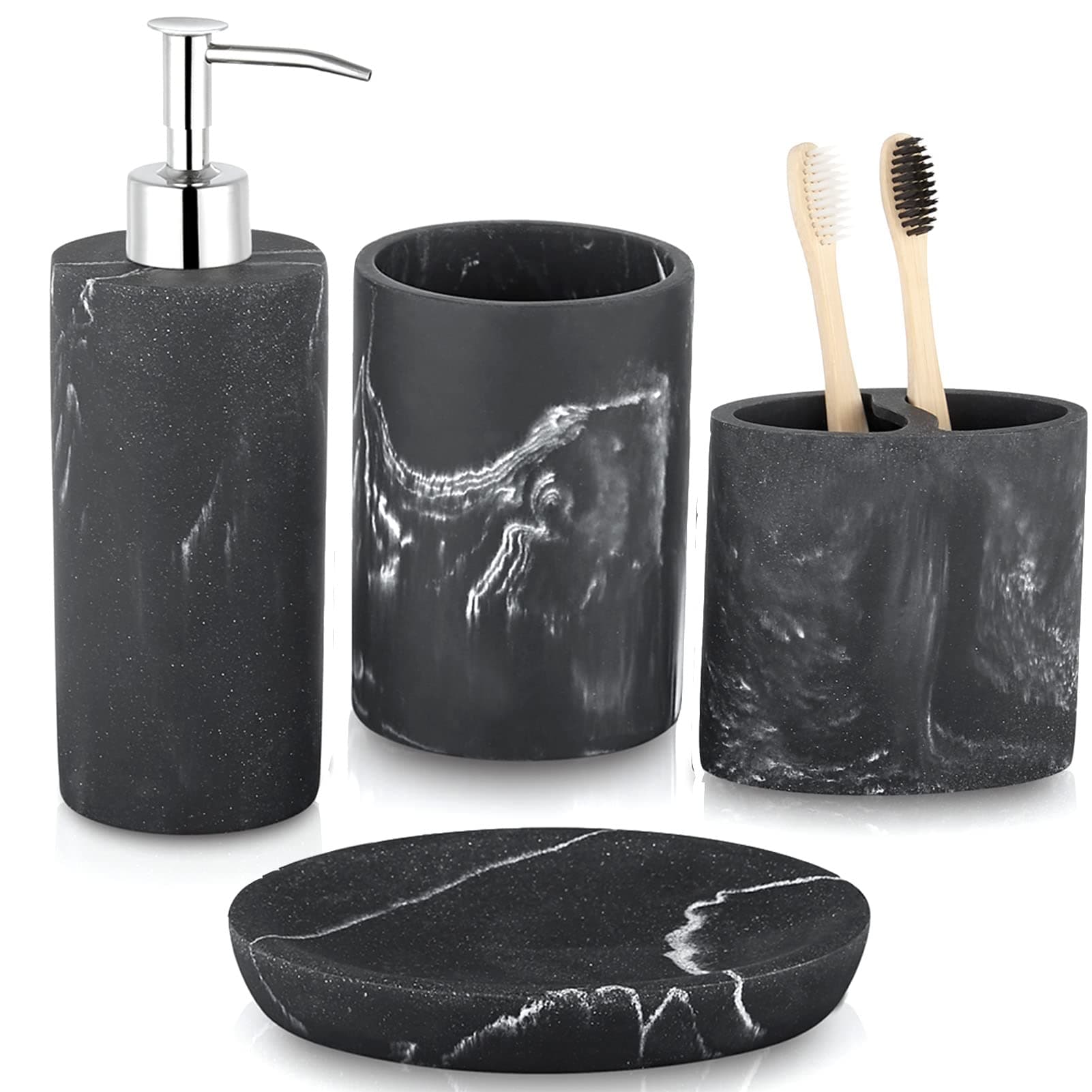 Marble Bathroom Accessories Set, 4-Piece Ceramic with Green Leaf