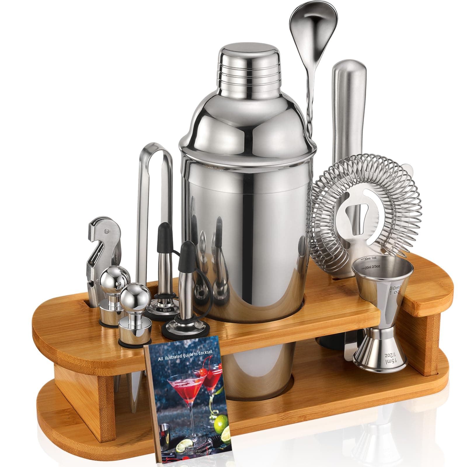 Cocktail Shaker Set with Bamboo Stand