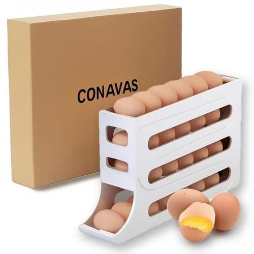 CONAVAS Egg Dispenser Auto Rolling Egg Tray Storage and Organizer