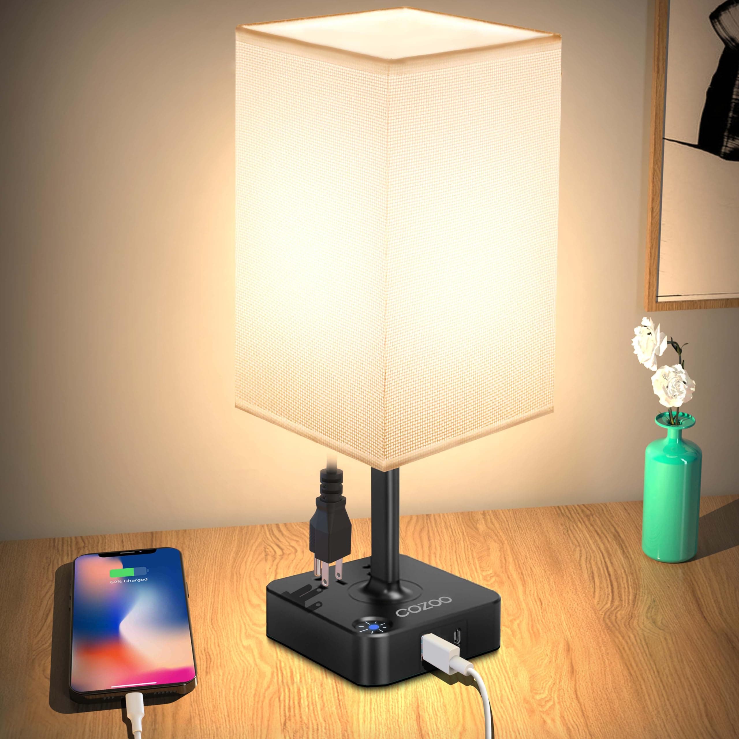 Bedside Lamp with USB Ports and Outlet Base