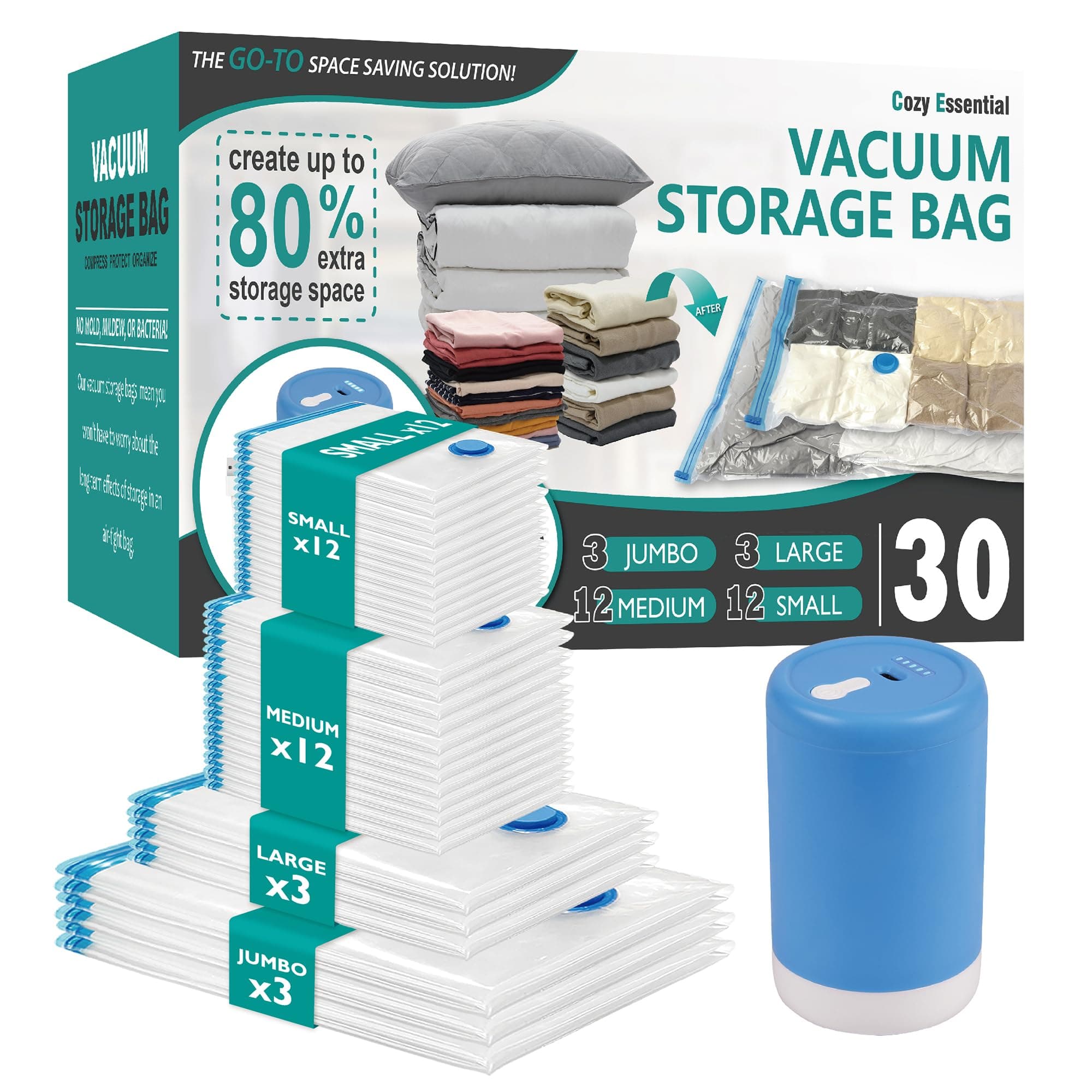 Cozy Essential Vacuum Storage Bags 20 Combo with Hand Pump