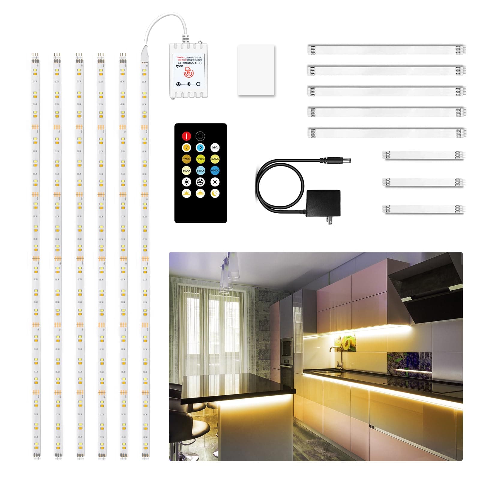 Stick-On LED Strip Light Under Cabinet Closet 4-Pack