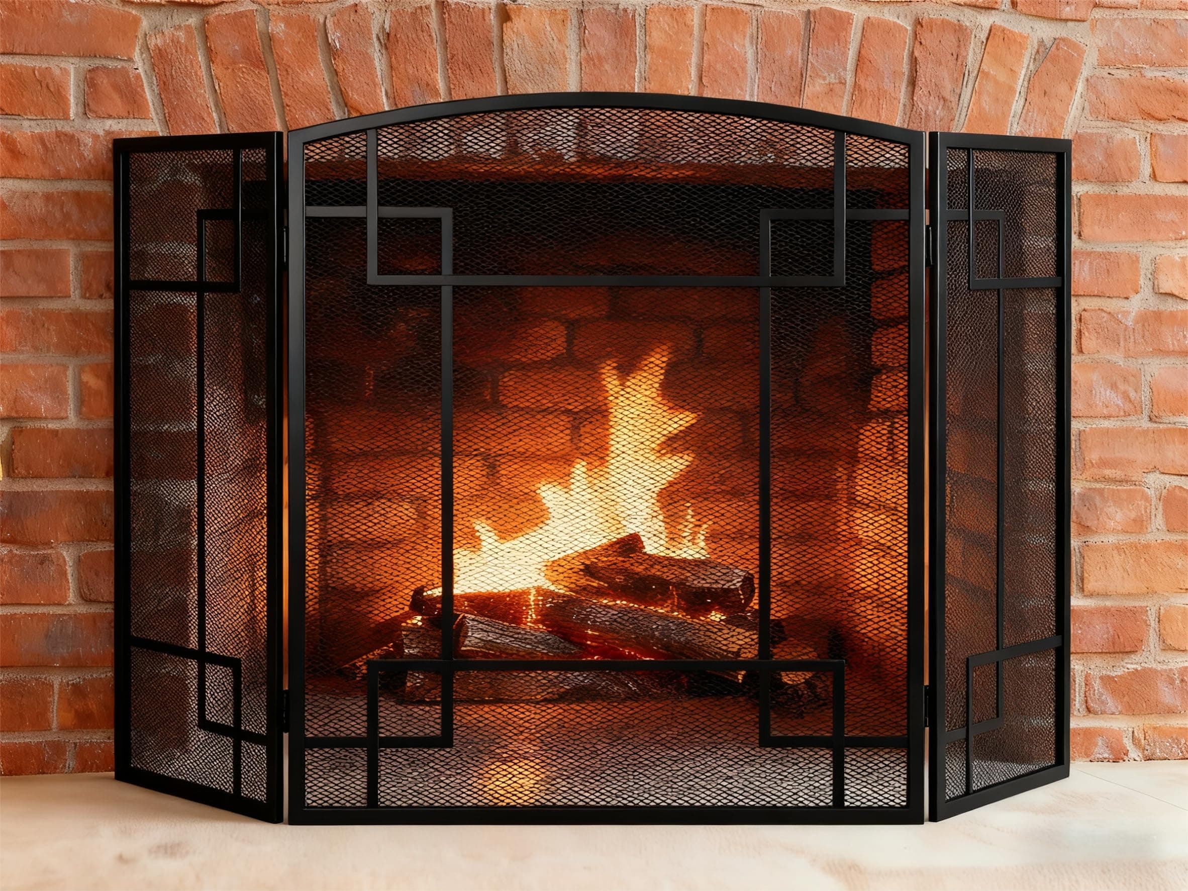 Wrought Iron 3-Panel Fireplace Screen with Scrollwork