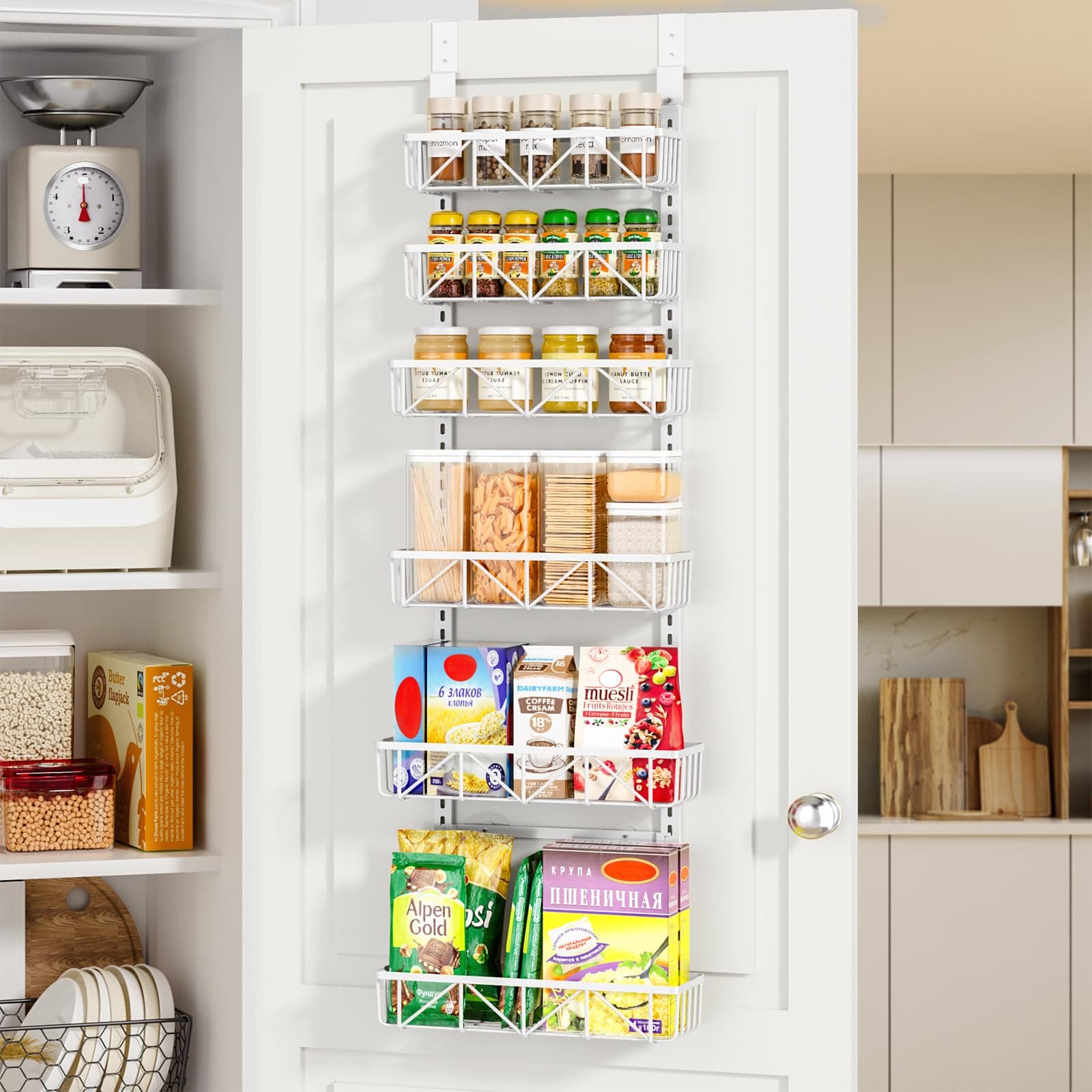 Delamu Over the Door Pantry Organizer 6-Tier White Metal
