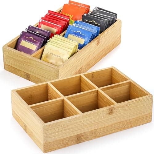 Dicunoy 2-Pack Bamboo Tea Bag Organizer for Drawers, 6 Compartments Each