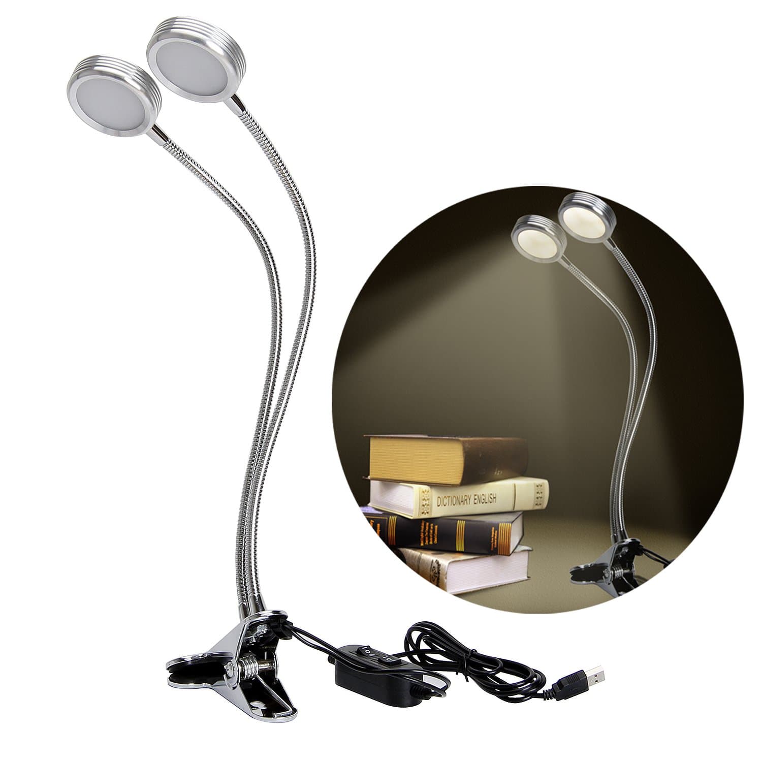 Dual-Head Clip-On Reading Light — 2 Arms