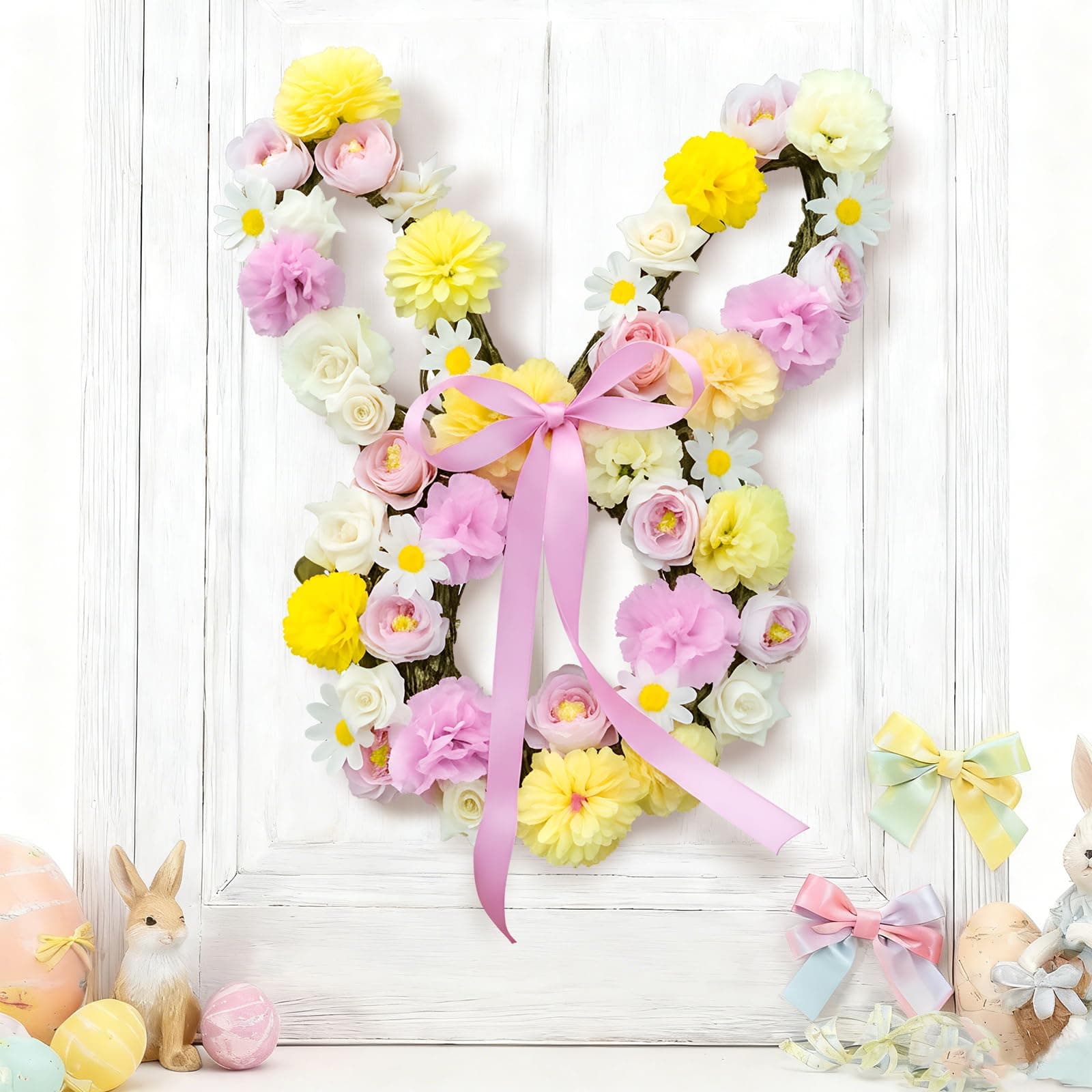 22 Inch Easter Bunny Wreath for Front Door with Spring Florals