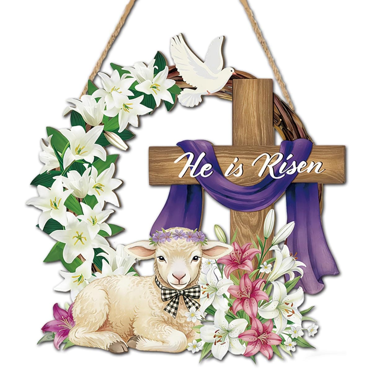 He is Risen Easter Wreath with Wooden Christian Cross and Lights