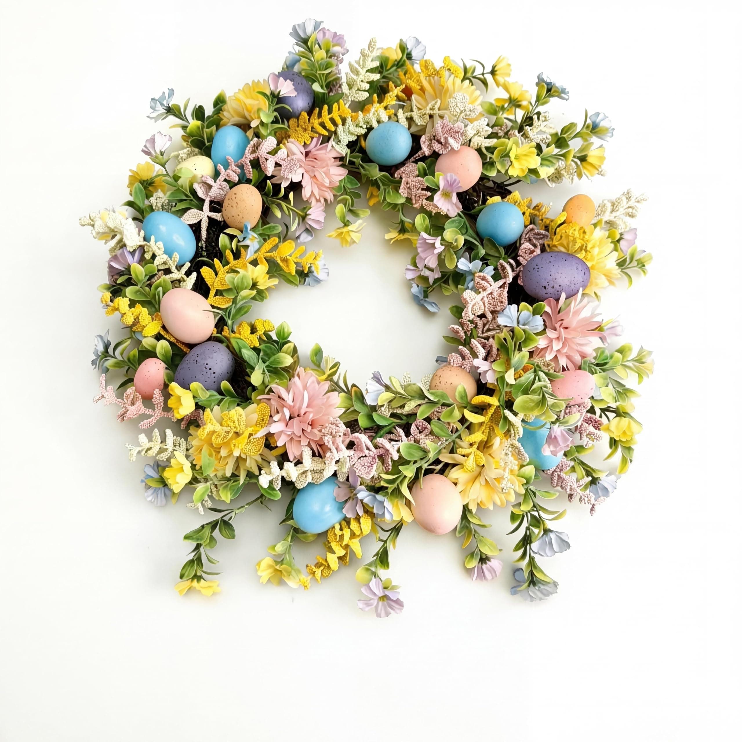 Easter Wreath for Front Door with Flowers and Easter Eggs, 18 in. Spring