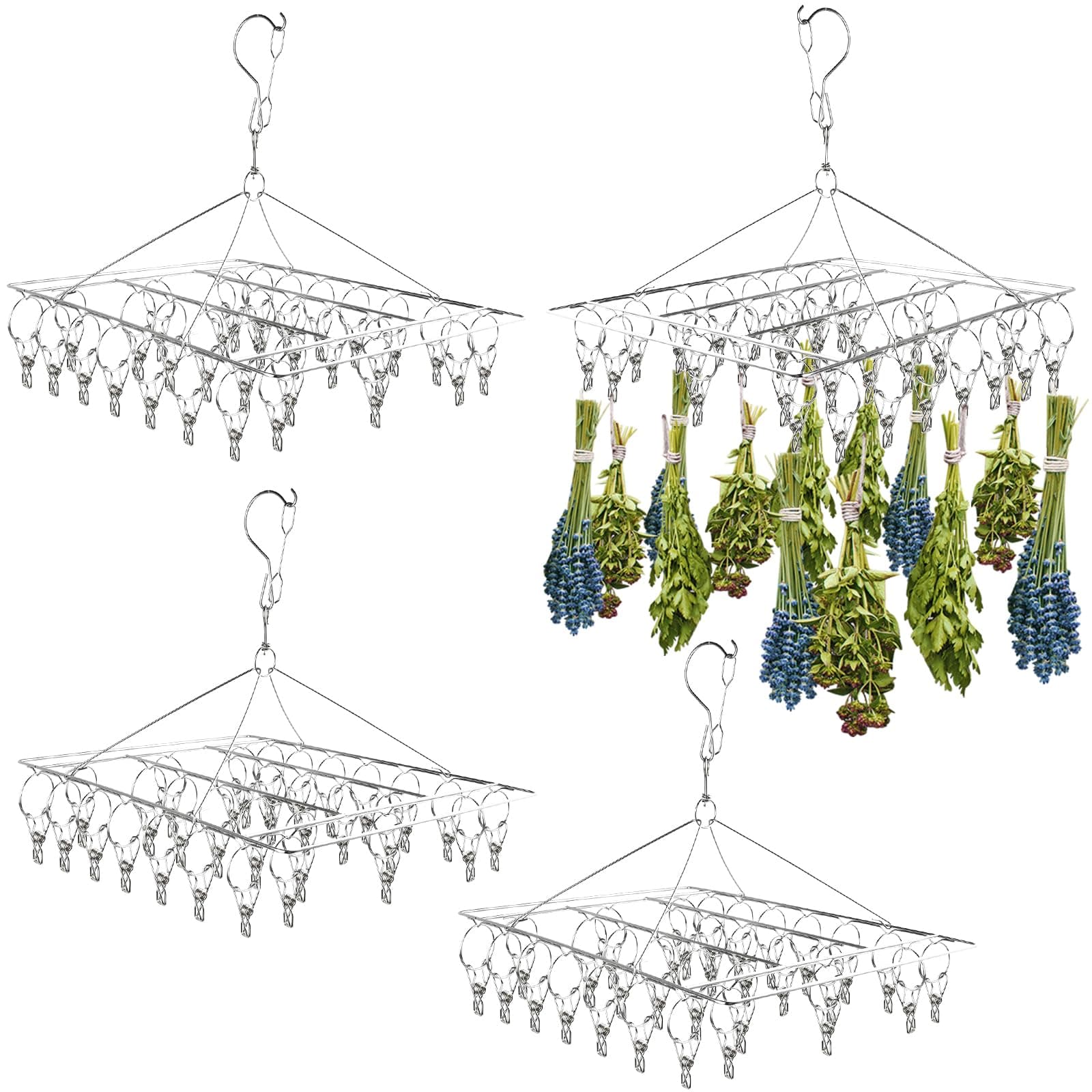 Elesunory 4 Pack Hanging Herb Drying Rack, Stainless Steel 30 Hooks