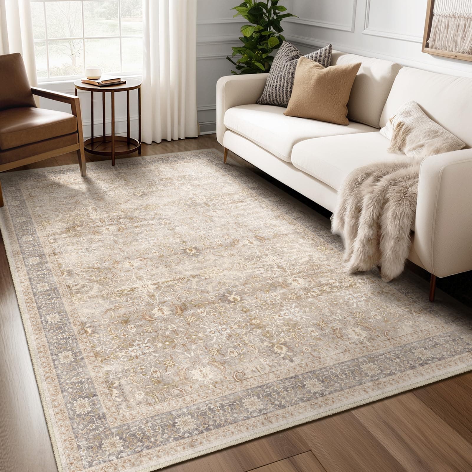 Hazo Haus Washable Neutral Farmhouse Rug 5x8, Beige Latte