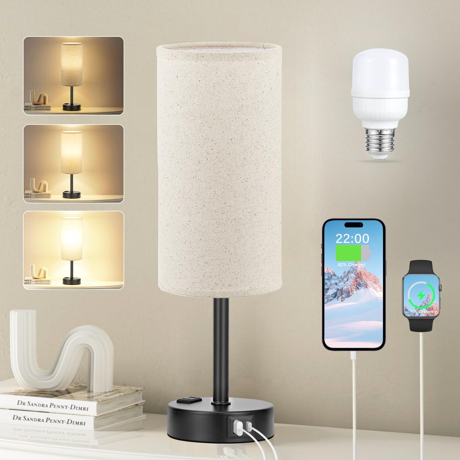 Fenmzee Bedside Table Lamp - 3 Way Dimmable Touch Lamp USB C Charging