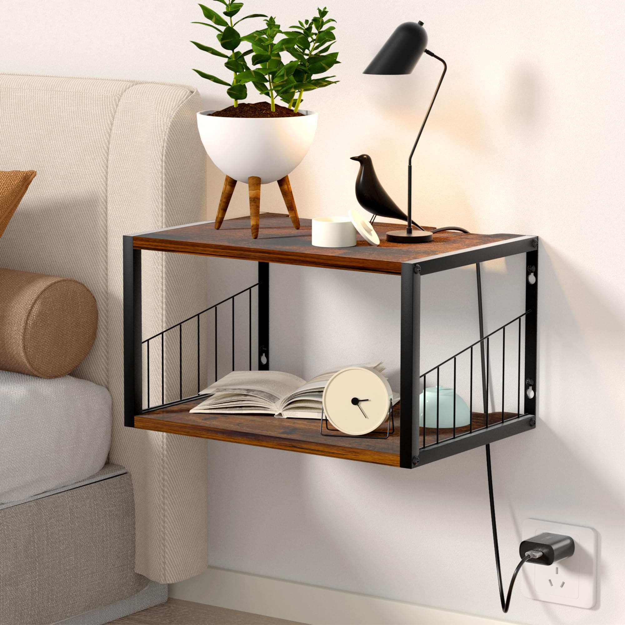 Floating Nightstand Set of 2 Modern 2-Tier Black