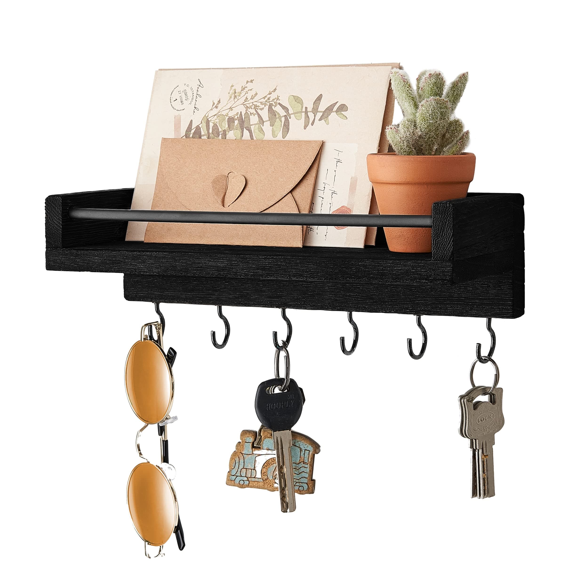 Floating Shelf with Hooks for Entryway Wall Organization