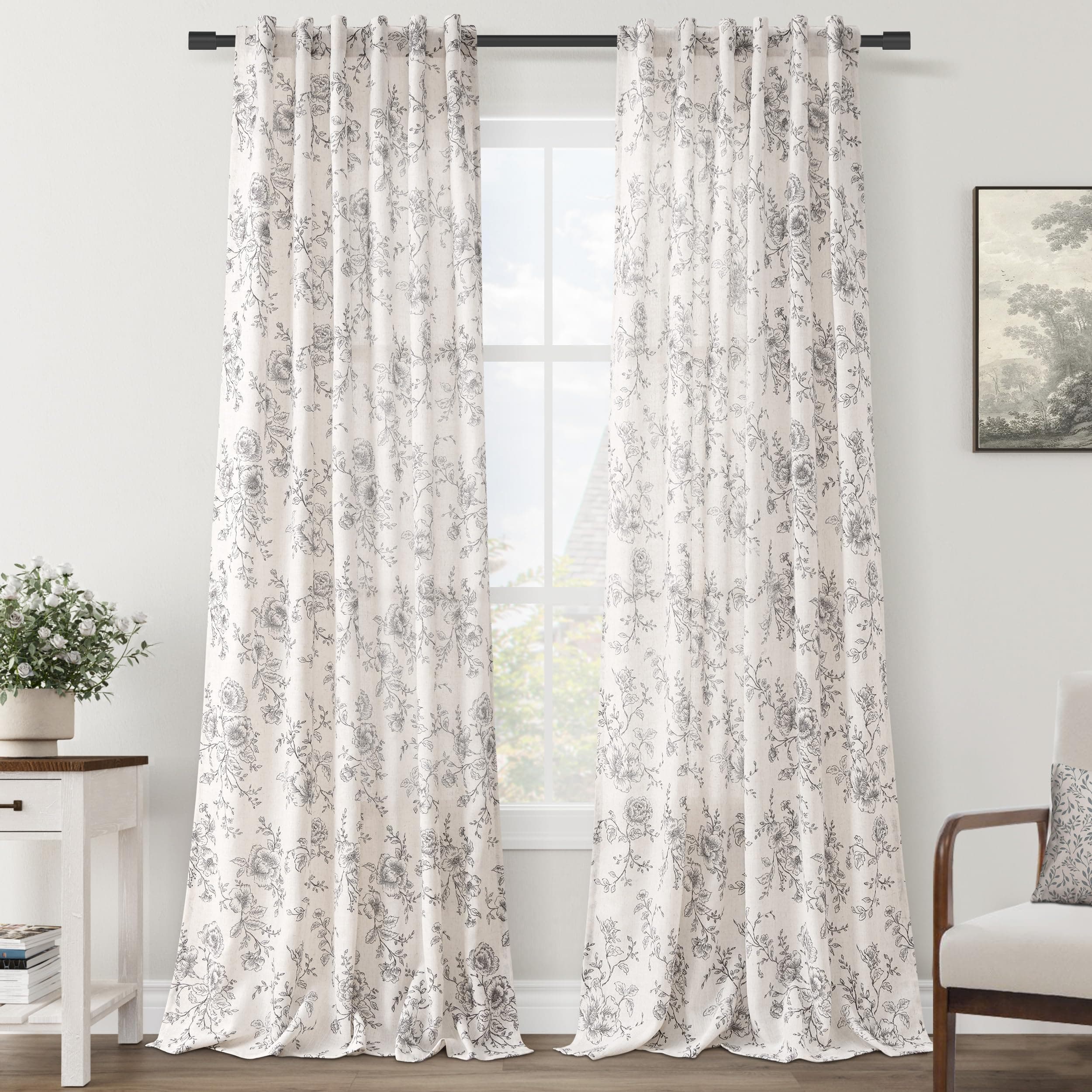 Floral Linen Farmhouse Curtains 2-Pack