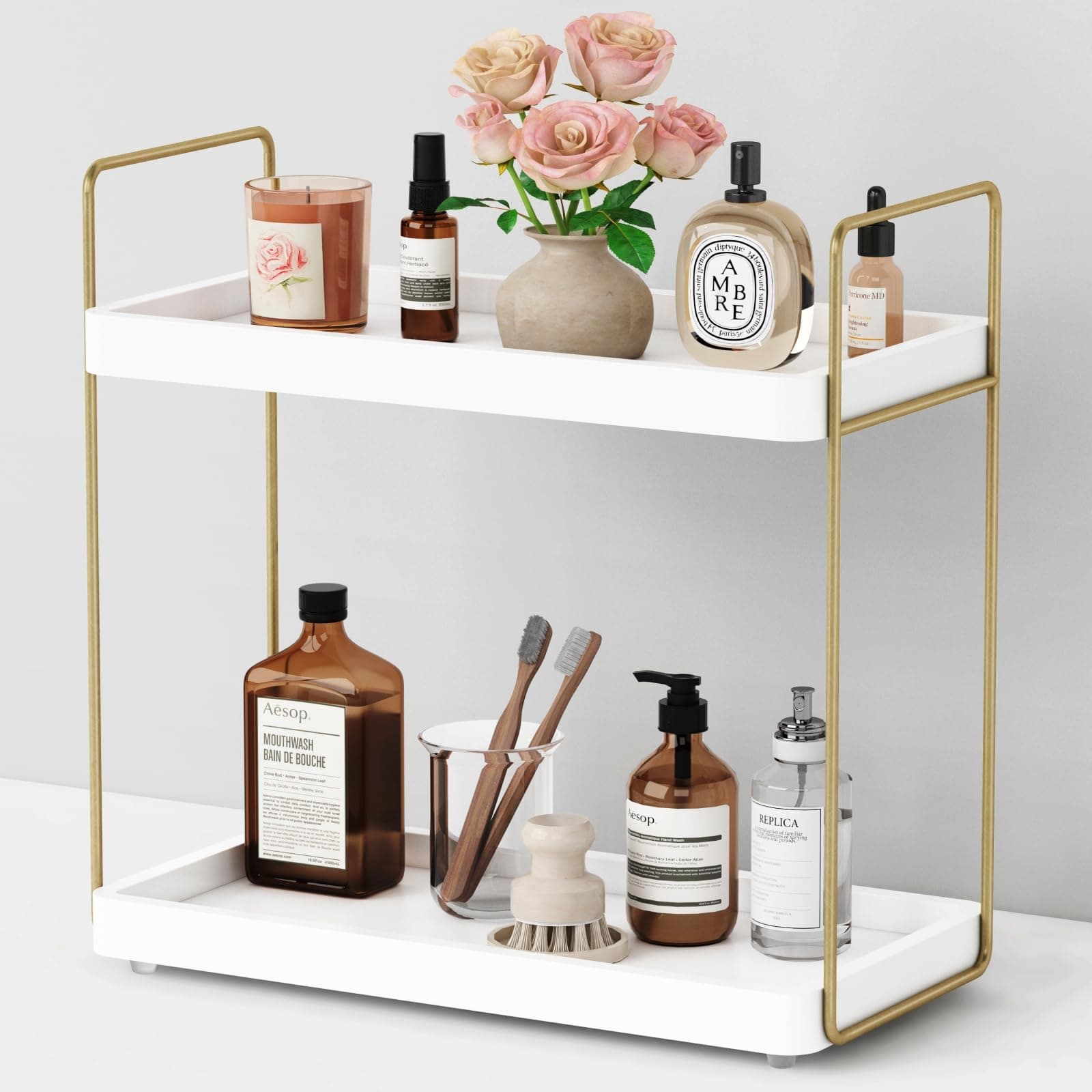White & Gold Acrylic Bathroom Organizer