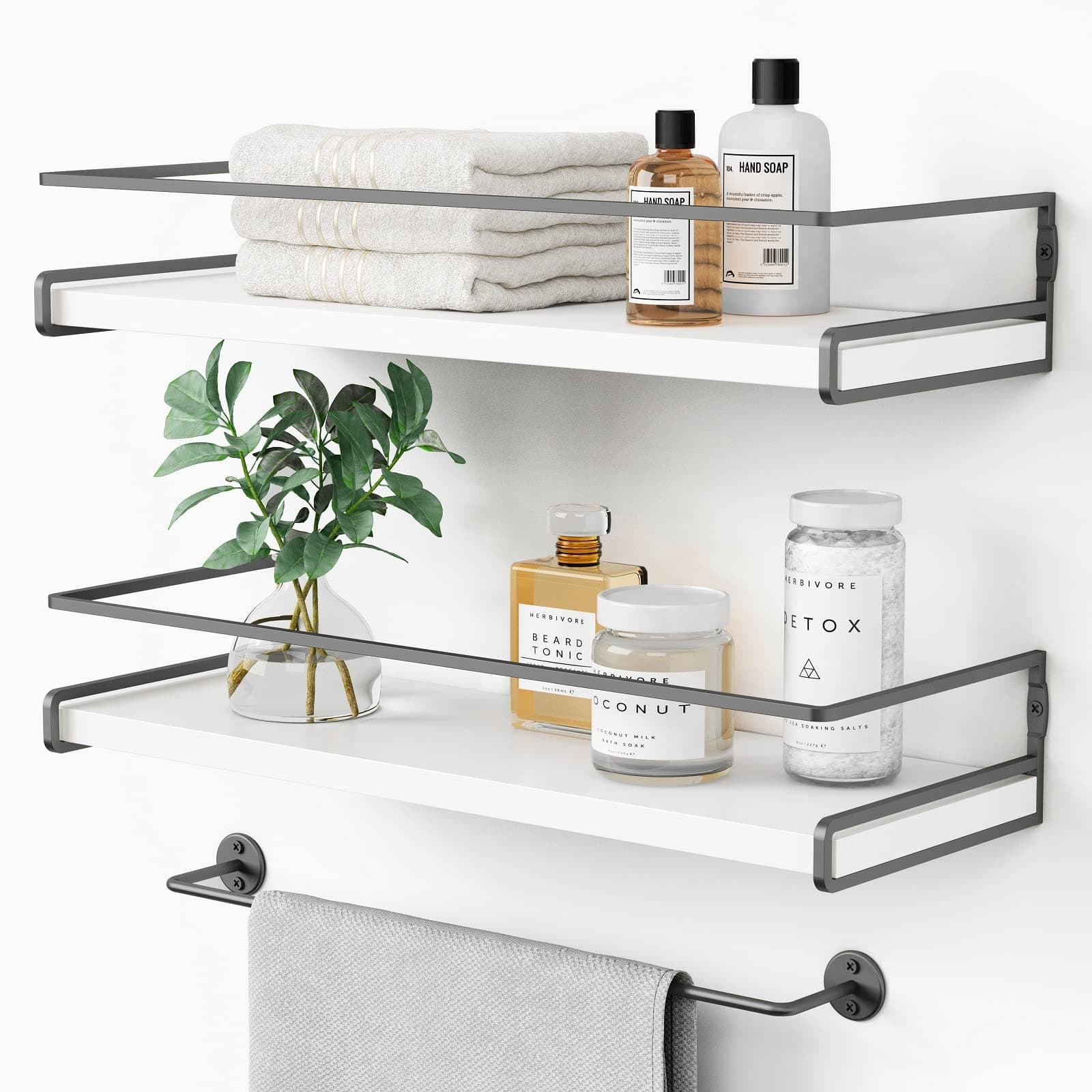 Forbena White Floating Shelves for Bathroom with Towel Rack
