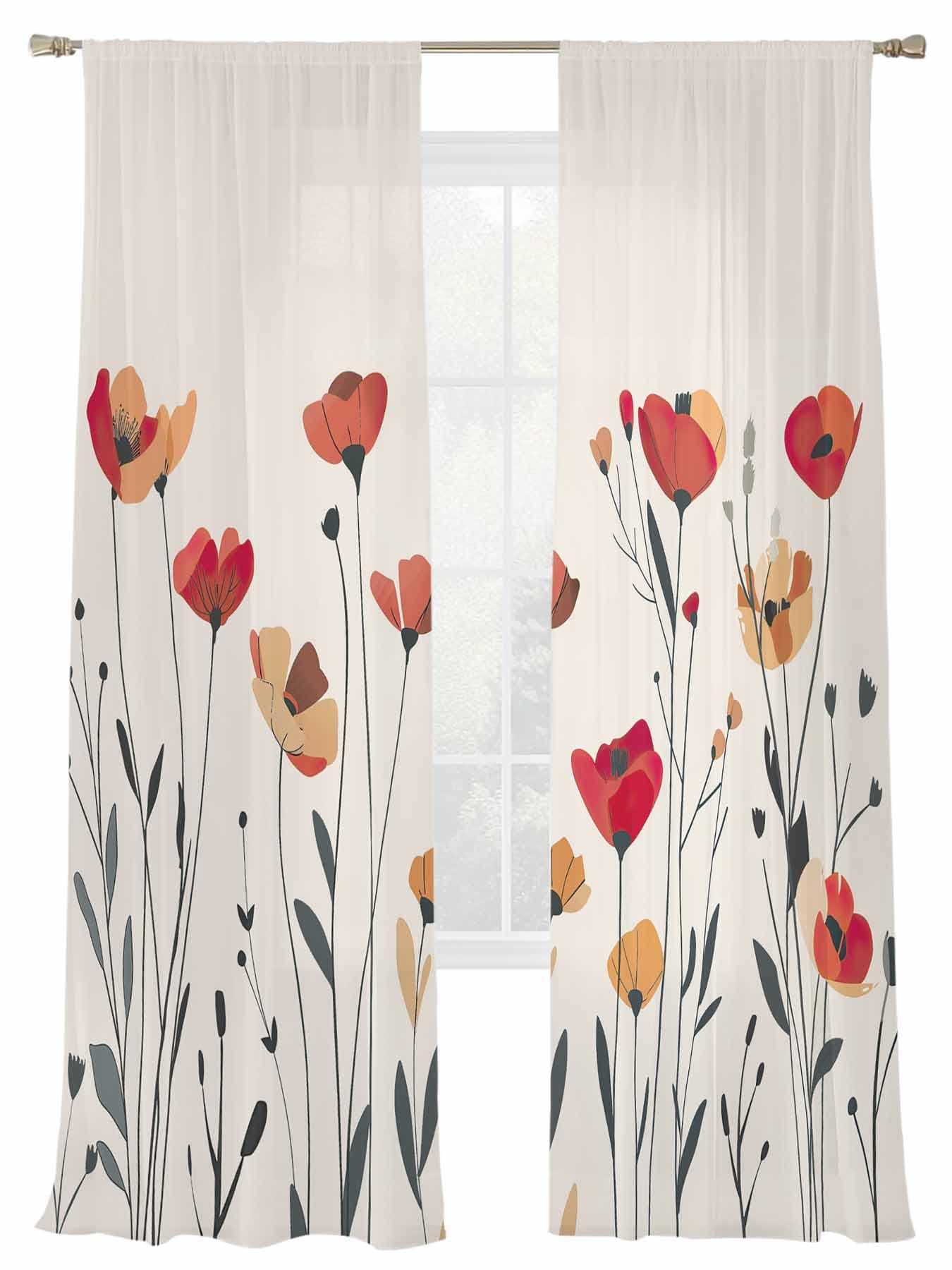 Semi Sheer Curtains Garden Blossom Flower Leaves Spring Floral 96 in Length 2 Panels