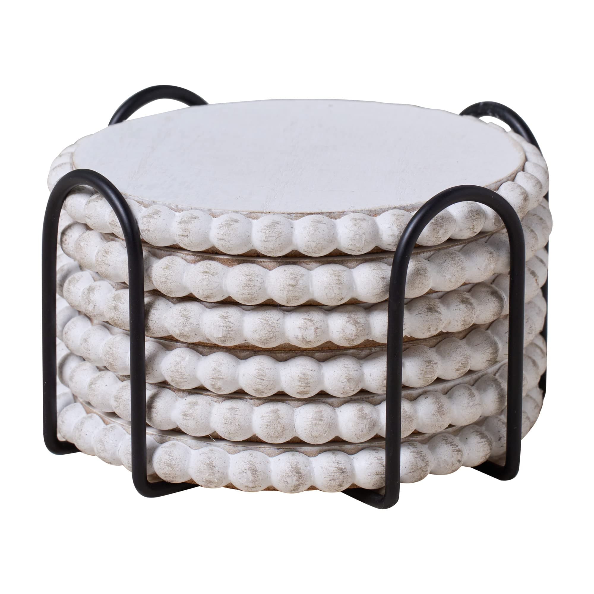 GENMOUS 6-Pack Farmhouse Wooden Bead Coasters with Metal Holder