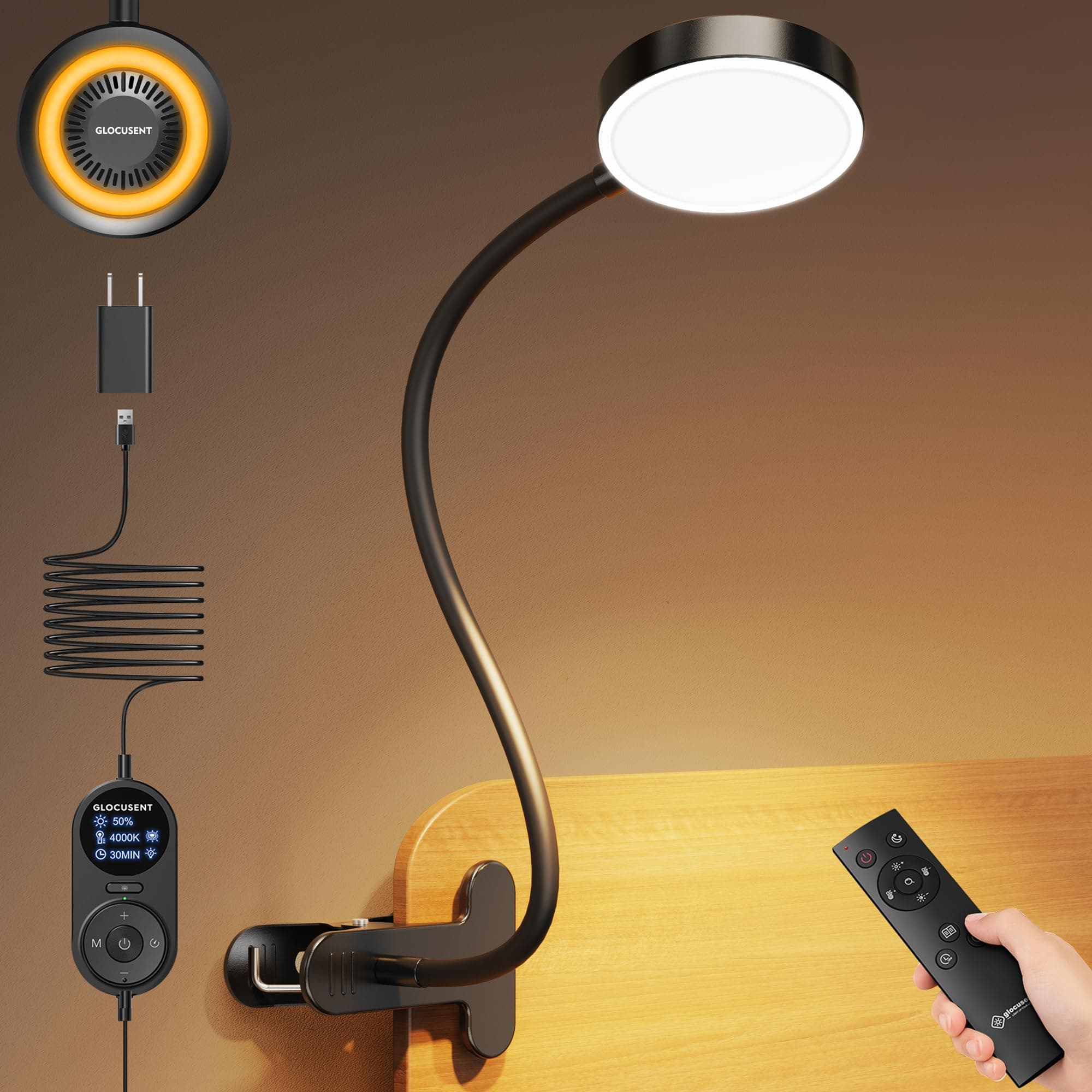 Glocusent 5W 36LED Clip On Reading Light Dimmable 3 Color Modes