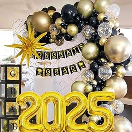 Graduation Balloon Garland Kit (100+ balloons, black/gold/white)