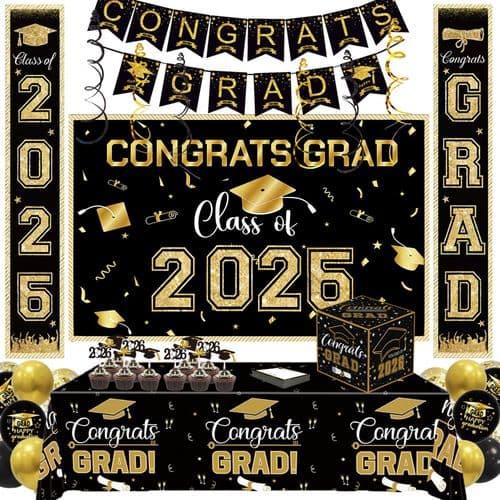 Graduation Banner Set (Congrats Grad + garlands, black & gold)