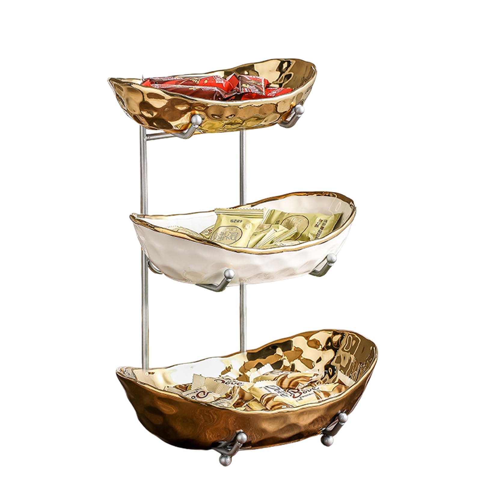 HOMKULA Ceramic 3-Tier Fruit Bowl with Metal Stand - Gold