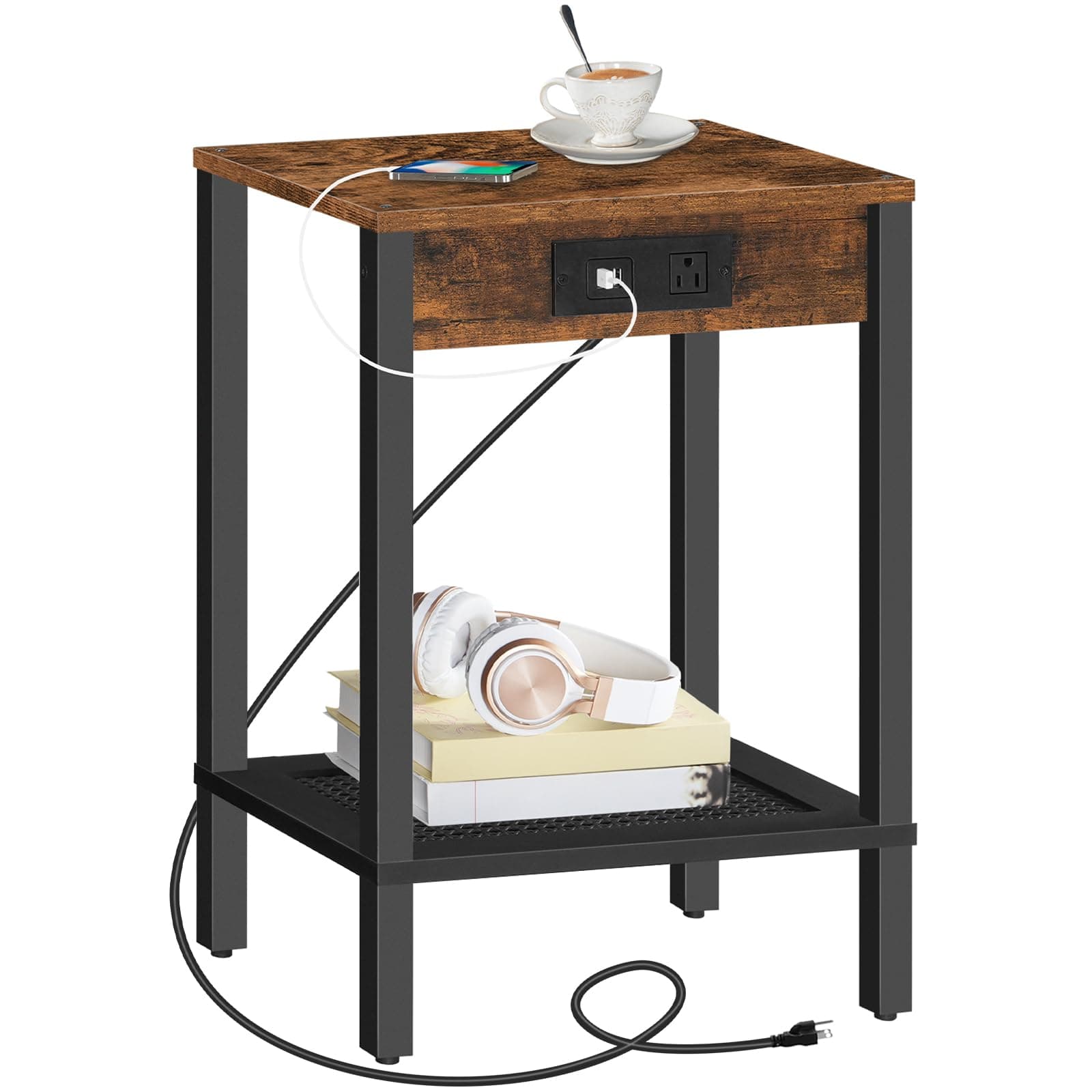 HOOBRO C-Shaped End Table with Charging Station